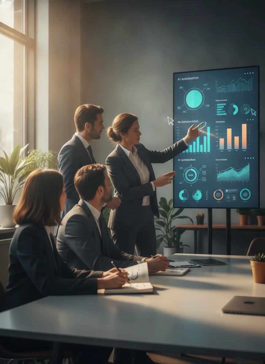 professional business team reviewing AI automation dashboards in